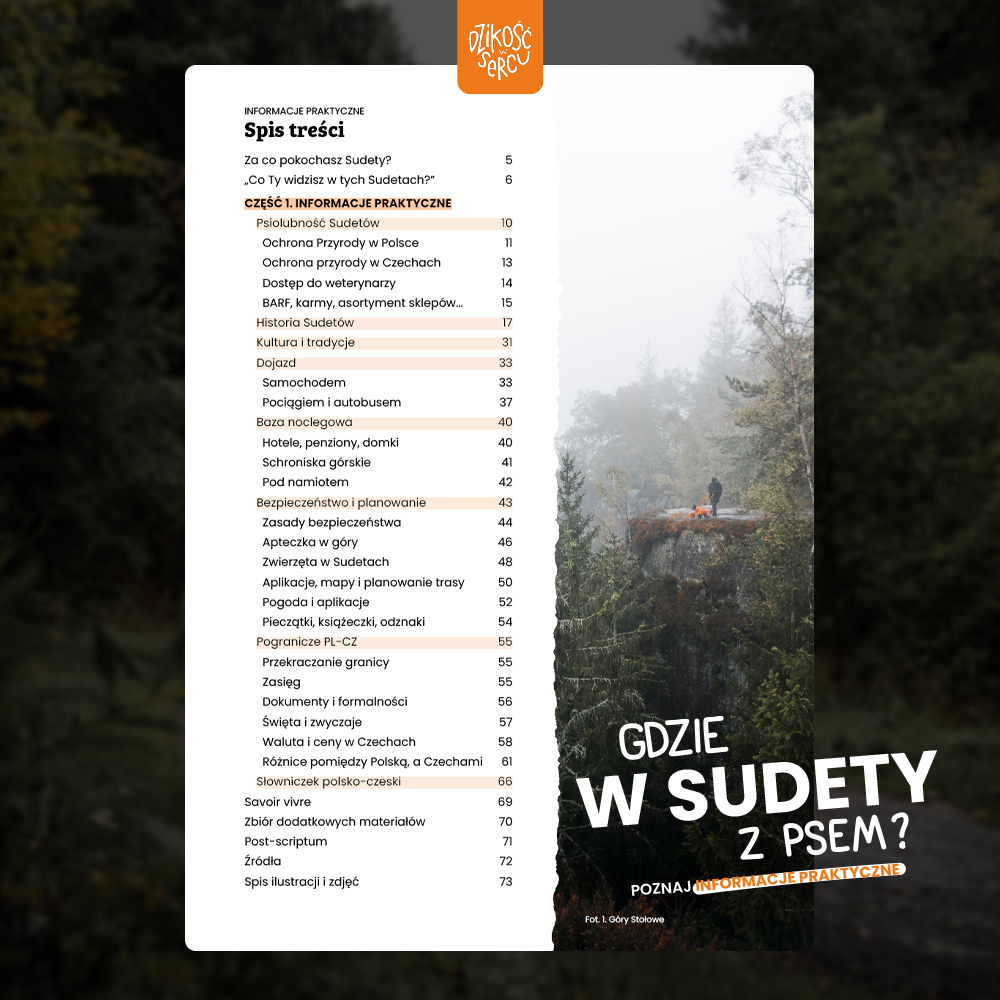 Spis treści e-booka Gdzie w Sudety z psem – informacje praktyczne o podróżowaniu z psem po górach
