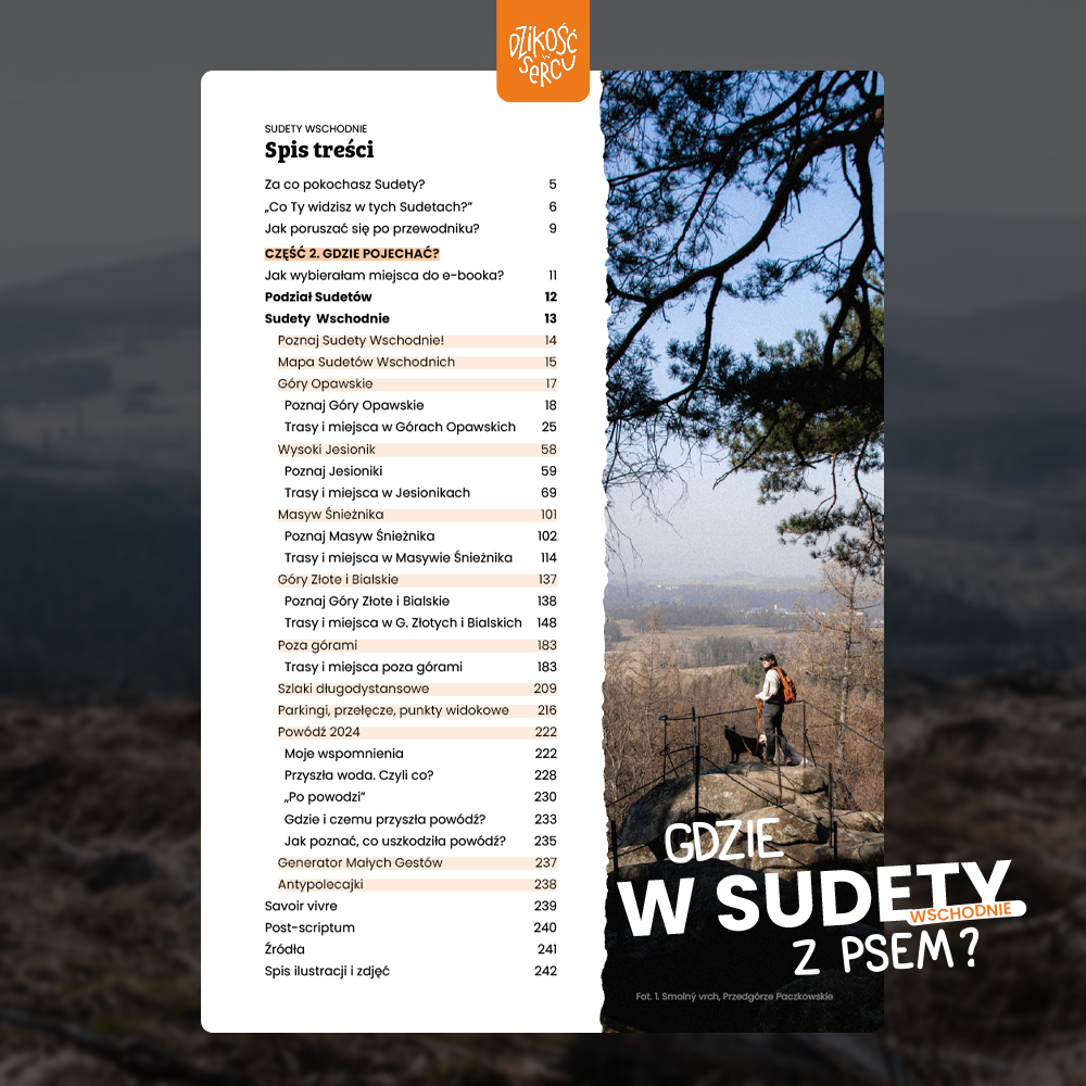 Spis treści e-booka Gdzie w Sudety z psem – część Sudety Wschodnie z trasami i mapami
